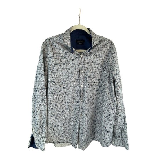 Bugatchi Mens Shaped Fit Long Sleeve Button-Up Shirt Blue White Geometric Print - Picture 1 of 8